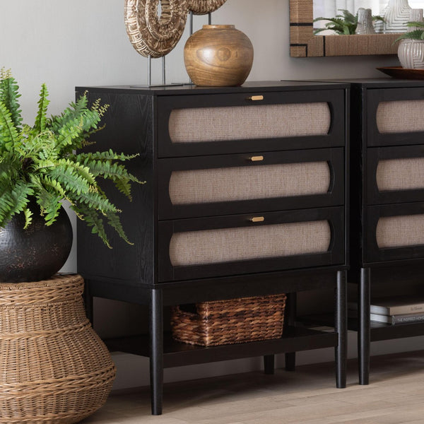 Baxton Studio Baxton Studio Shirin Mid-Century 3-Drawer Chest in Beige Fabric & Black Wood for Stylish Storage MG9013-Sand Stone-FG2203-2/Black-3DW-Chest