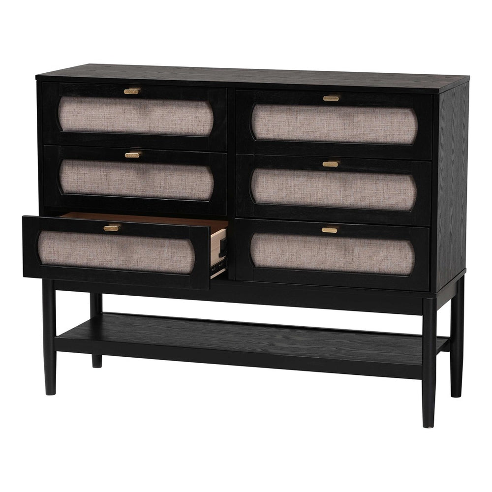 Baxton Studio Baxton Studio Shirin 6-Drawer Dresser in Beige Fabric & Black Wood - Mid-Century Modern Storage Solution MG9013-Sand Stone-FG2203-2/Black-6DW-Dresser