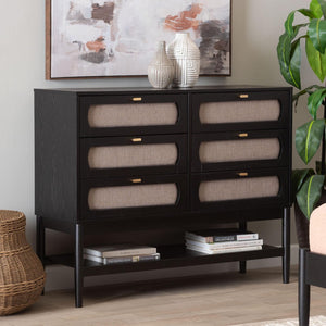 Baxton Studio Baxton Studio Shirin 6-Drawer Dresser in Beige Fabric & Black Wood - Mid-Century Modern Storage Solution MG9013-Sand Stone-FG2203-2/Black-6DW-Dresser