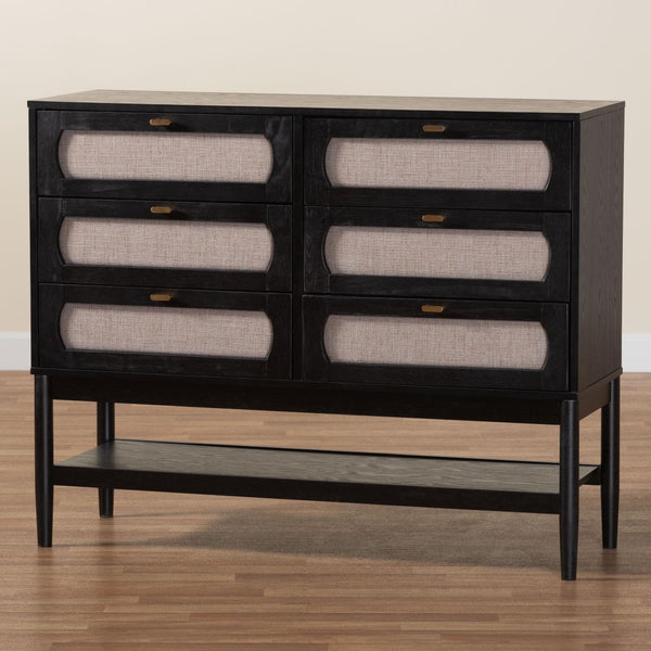 Baxton Studio Baxton Studio Shirin 6-Drawer Dresser in Beige Fabric & Black Wood - Mid-Century Modern Storage Solution MG9013-Sand Stone-FG2203-2/Black-6DW-Dresser