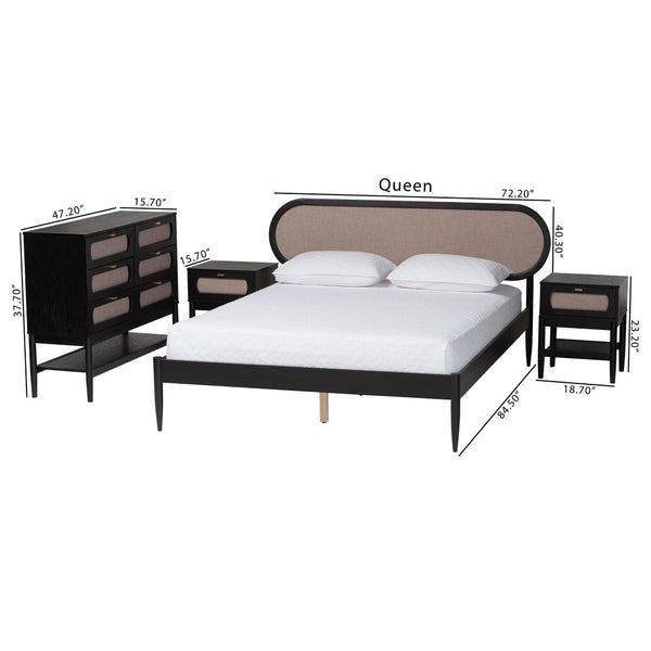 Baxton Studio Baxton Studio Shirin Beige Fabric & Black Wood 4-Piece Queen Bedroom Set with Nightstands & Dresser Shirin-Sand Stone/Black-Queen-4PC Bedroom Set