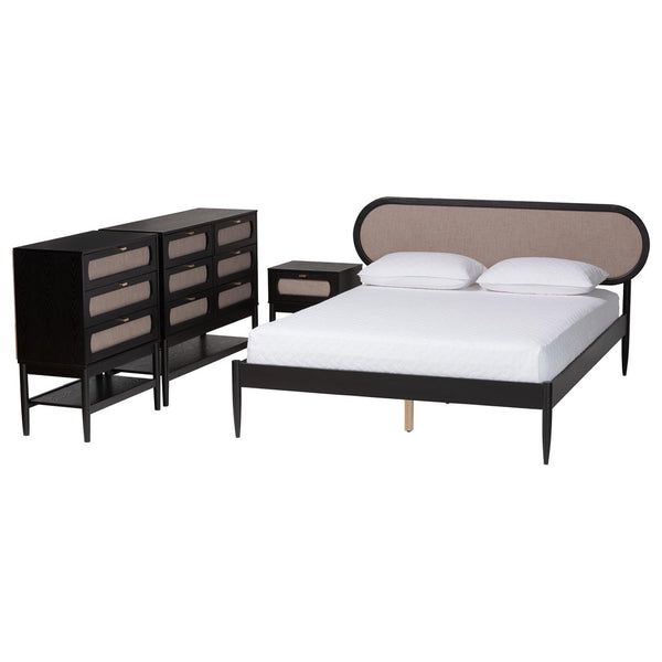 Baxton Studio Baxton Studio Shirin Mid-Century Modern Beige Upholstered Bedroom Collection with Black Accents 4-Piece Tammy-Sand Stone/Black-Queen-4PC Bedroom Set