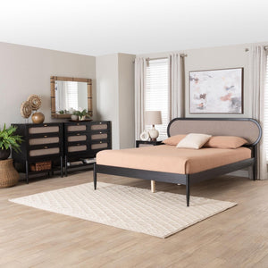 Baxton Studio Baxton Studio Shirin Mid-Century Modern Beige Upholstered Bedroom Collection with Black Accents 4-Piece Tammy-Sand Stone/Black-Queen-4PC Bedroom Set
