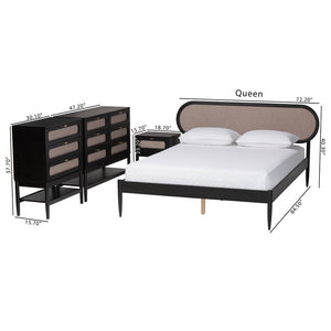 Baxton Studio Baxton Studio Shirin Mid-Century Modern Beige Upholstered Bedroom Collection with Black Accents 4-Piece Tammy-Sand Stone/Black-Queen-4PC Bedroom Set