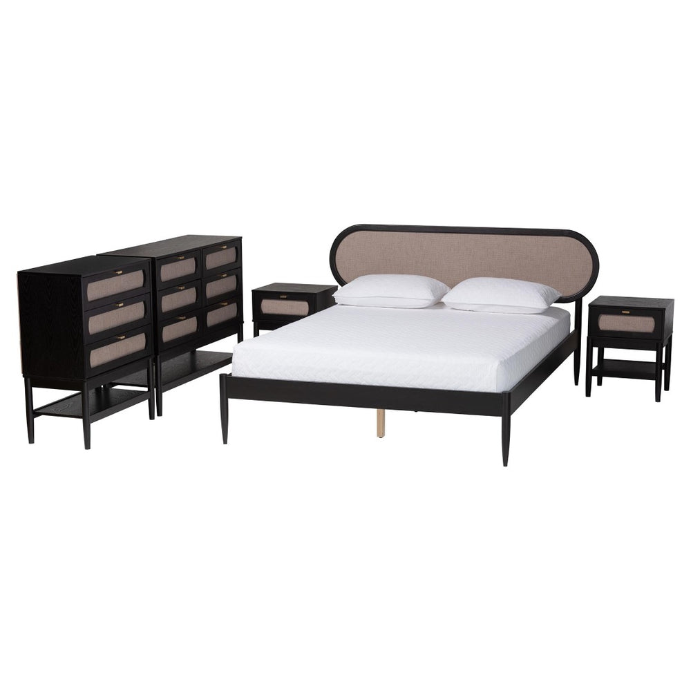 Baxton Studio Baxton Studio Shirin Mid-Century Modern Beige Upholstered Bedroom Collection with Black Accents 5-Piece Ivana-Sand Stone/Black-Queen-5PC Bedroom Set