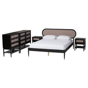 Baxton Studio Baxton Studio Shirin Mid-Century Modern Beige Upholstered Bedroom Collection with Black Accents 5-Piece Ivana-Sand Stone/Black-Queen-5PC Bedroom Set