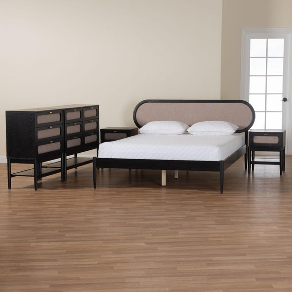 Baxton Studio Baxton Studio Shirin Mid-Century Modern Beige Upholstered Bedroom Collection with Black Accents 5-Piece Ivana-Sand Stone/Black-Queen-5PC Bedroom Set