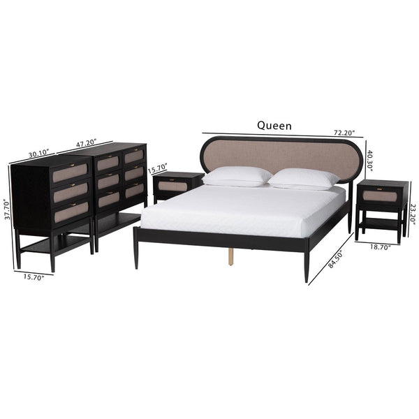 Baxton Studio Baxton Studio Shirin Mid-Century Modern Beige Upholstered Bedroom Collection with Black Accents 5-Piece Ivana-Sand Stone/Black-Queen-5PC Bedroom Set