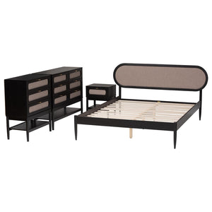 Baxton Studio Baxton Studio Shirin Mid-Century Modern Beige Upholstered Bedroom Collection with Black Accents 4-Piece Tammy-Sand Stone/Black-Queen-4PC Bedroom Set