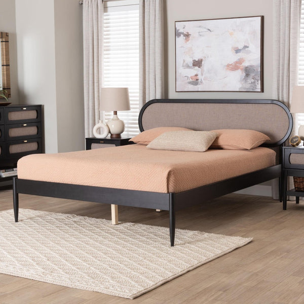 Baxton Studio Baxton Studio Shirin Mid-Century Beige Platform Bed with Foam Headboard & Sturdy Wood Frame Design MG0240-Sand Stone-FG2203-2/Black-Queen