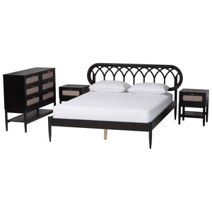 Baxton Studio Baxton Studio Florica Art Deco Queen Bedroom Set: Elegant 4-Piece Ensemble with Storage Nightstands Wenna-Sand Stone/Black-Queen-4PC Bedroom Set