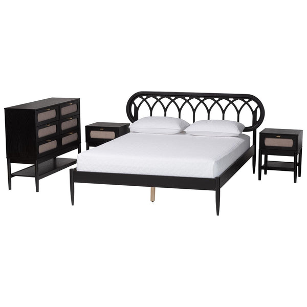 Baxton Studio Baxton Studio Florica Art Deco Queen Bedroom Set: Elegant 4-Piece Ensemble with Storage Nightstands Wenna-Sand Stone/Black-Queen-4PC Bedroom Set
