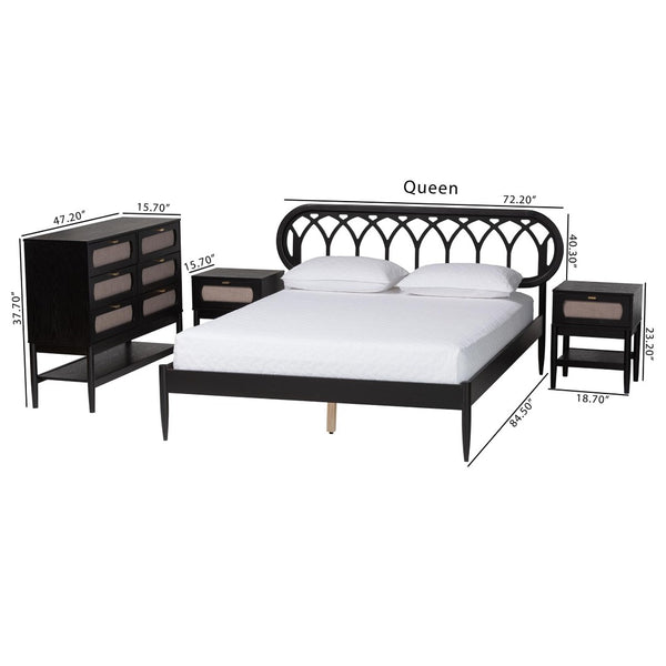 Baxton Studio Baxton Studio Florica Art Deco Queen Bedroom Set: Elegant 4-Piece Ensemble with Storage Nightstands Wenna-Sand Stone/Black-Queen-4PC Bedroom Set