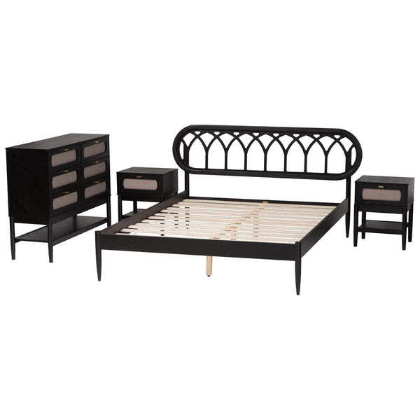 Baxton Studio Baxton Studio Florica Art Deco Queen Bedroom Set: Elegant 4-Piece Ensemble with Storage Nightstands Wenna-Sand Stone/Black-Queen-4PC Bedroom Set