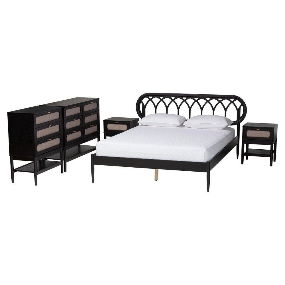 Baxton Studio Baxton Studio Florica Art Deco Queen Bedroom Set with Elegant Upholstered Storage & Support 5-Piece Shelby-Sand Stone/Black-Queen-5PC Bedroom Set