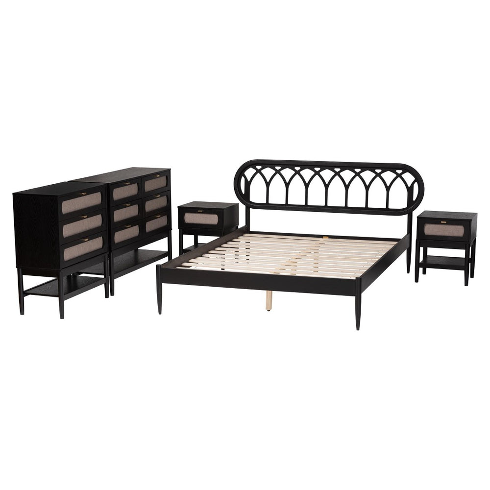 Baxton Studio Baxton Studio Florica Art Deco Queen Bedroom Set with Elegant Upholstered Storage & Support 5-Piece Shelby-Sand Stone/Black-Queen-5PC Bedroom Set