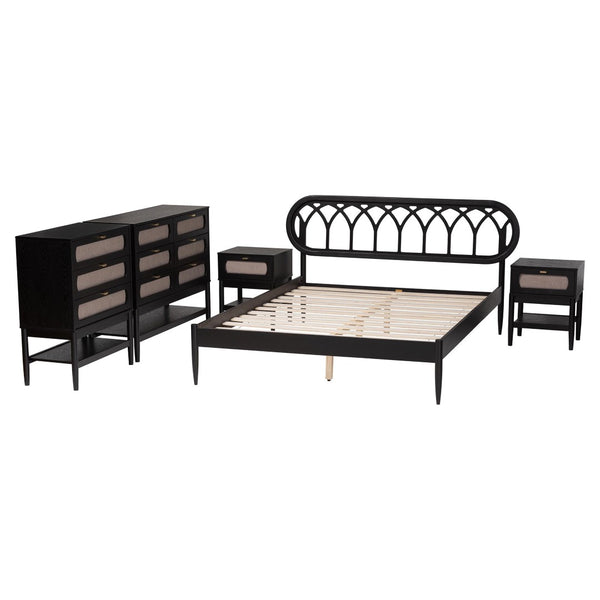 Baxton Studio Baxton Studio Florica Art Deco Queen Bedroom Set with Elegant Upholstered Storage & Support 5-Piece Shelby-Sand Stone/Black-Queen-5PC Bedroom Set