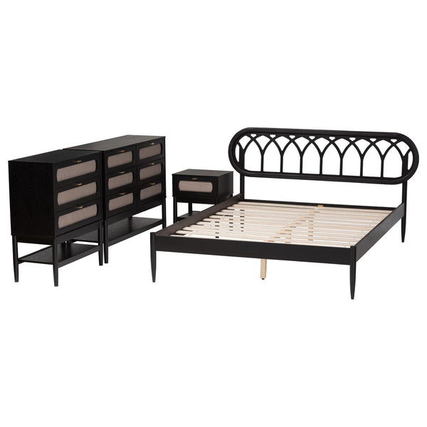 Baxton Studio Baxton Studio Florica Art Deco Queen Bedroom Set with Elegant Upholstered Storage & Support 4-Piece Florica-Sand Stone/Black-Queen-4PC Bedroom Set