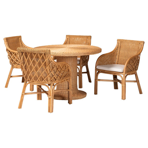 Baxton Studio bali Wymond 5-Piece Rattan Dining Set - Handwoven Round Table & 4 Armchairs, Boho Coastal Charm Wymond-Light Honey Rattan-5PC Dining Set
