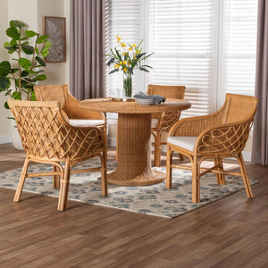 Baxton Studio bali Wymond 5-Piece Rattan Dining Set - Handwoven Round Table & 4 Armchairs, Boho Coastal Charm Wymond-Light Honey Rattan-5PC Dining Set