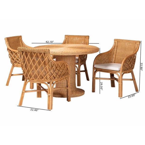 Baxton Studio bali Wymond 5-Piece Rattan Dining Set - Handwoven Round Table & 4 Armchairs, Boho Coastal Charm Wymond-Light Honey Rattan-5PC Dining Set