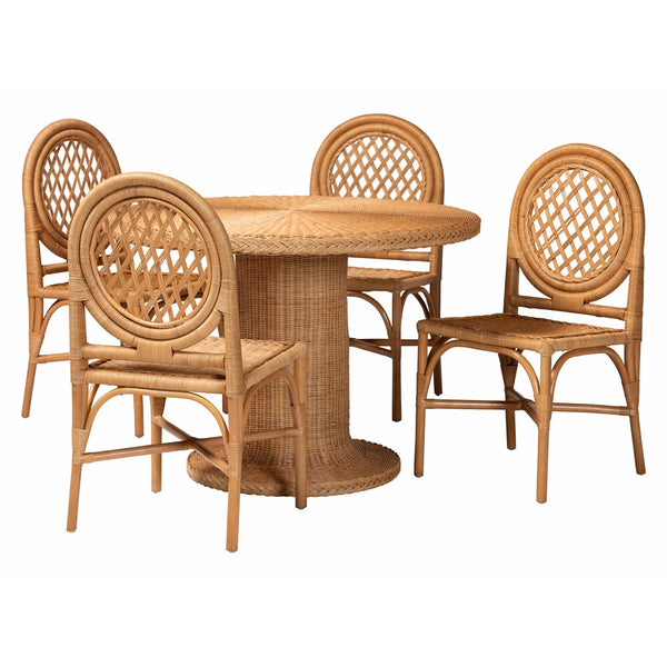 Baxton Studio bali Winslow 5-Piece Rattan Dining Set - Boho Coastal Round Table & Lattice Chairs for Cozy Dining Winslow-Light Honey Rattan-5PC Dining Set