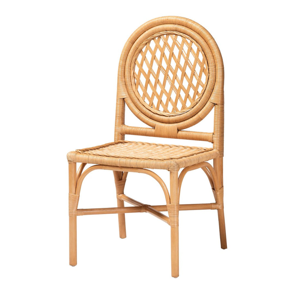 Baxton Studio bali Winslow 5-Piece Rattan Dining Set - Boho Coastal Round Table & Lattice Chairs for Cozy Dining Winslow-Light Honey Rattan-5PC Dining Set