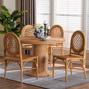 Baxton Studio bali Winslow 5-Piece Rattan Dining Set - Boho Coastal Round Table & Lattice Chairs for Cozy Dining Winslow-Light Honey Rattan-5PC Dining Set