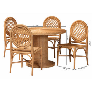 Baxton Studio bali Winslow 5-Piece Rattan Dining Set - Boho Coastal Round Table & Lattice Chairs for Cozy Dining Winslow-Light Honey Rattan-5PC Dining Set