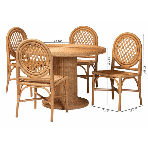 Baxton Studio bali Winslow 5-Piece Rattan Dining Set - Boho Coastal Round Table & Lattice Chairs for Cozy Dining Winslow-Light Honey Rattan-5PC Dining Set