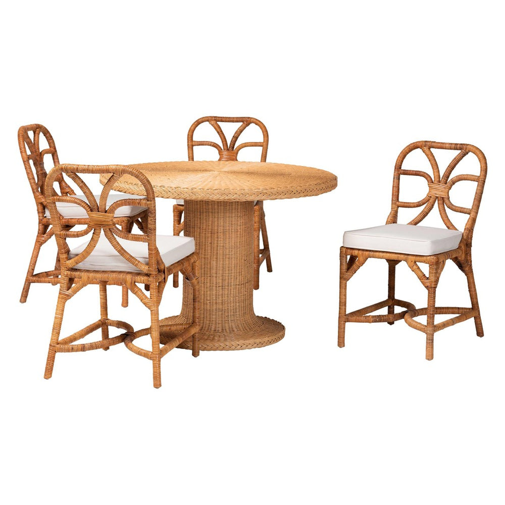 Baxton Studio bali Wilmer 5-Piece Handwoven Rattan Dining Set - Round Table & 4 Chairs for Coastal Elegance Wilmer-Light Honey Rattan-5PC Dining Set