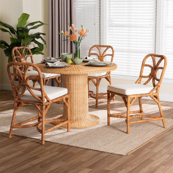Baxton Studio bali Wilmer 5-Piece Handwoven Rattan Dining Set - Round Table & 4 Chairs for Coastal Elegance Wilmer-Light Honey Rattan-5PC Dining Set