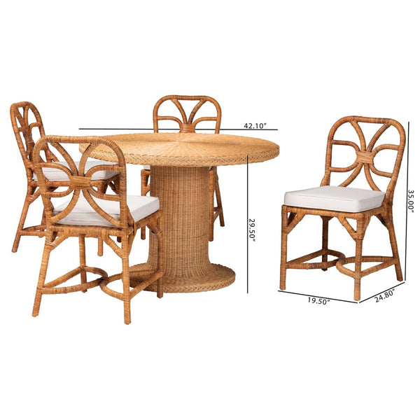 Baxton Studio bali Wilmer 5-Piece Handwoven Rattan Dining Set - Round Table & 4 Chairs for Coastal Elegance Wilmer-Light Honey Rattan-5PC Dining Set