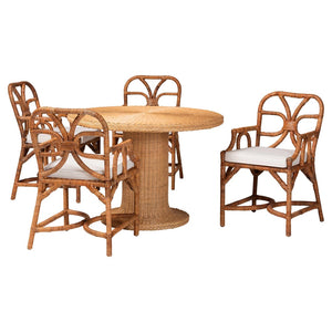 Baxton Studio bali Bali Wade 5-Piece Rattan Dining Set - Handwoven Round Table & 4 Armchairs for Coastal Chic Dining Wade-Light Honey Rattan-5PC Dining Set