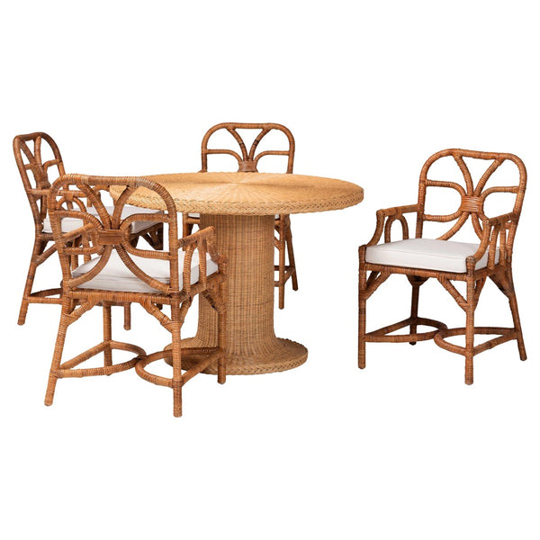 Baxton Studio bali Bali Wade 5-Piece Rattan Dining Set - Handwoven Round Table & 4 Armchairs for Coastal Chic Dining Wade-Light Honey Rattan-5PC Dining Set