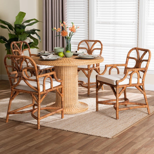 Baxton Studio bali Bali Wade 5-Piece Rattan Dining Set - Handwoven Round Table & 4 Armchairs for Coastal Chic Dining Wade-Light Honey Rattan-5PC Dining Set