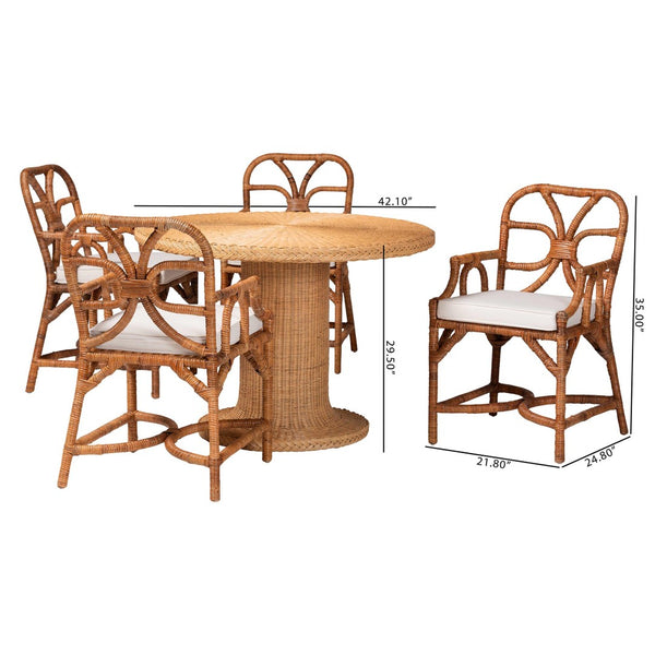 Baxton Studio bali Bali Wade 5-Piece Rattan Dining Set - Handwoven Round Table & 4 Armchairs for Coastal Chic Dining Wade-Light Honey Rattan-5PC Dining Set