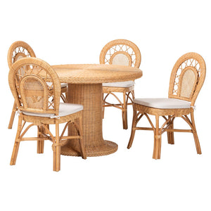 Baxton Studio bali & pari Walker 5-Piece Handwoven Rattan Dining Set - Coastal Boho Style with Cushioned Chairs Walker-Light Honey Rattan-5PC Dining Set