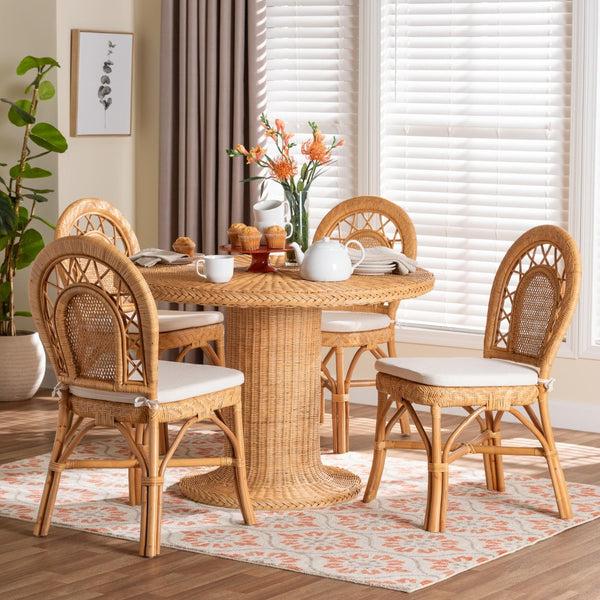 Baxton Studio bali & pari Walker 5-Piece Handwoven Rattan Dining Set - Coastal Boho Style with Cushioned Chairs Walker-Light Honey Rattan-5PC Dining Set