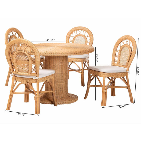 Baxton Studio bali & pari Walker 5-Piece Handwoven Rattan Dining Set - Coastal Boho Style with Cushioned Chairs Walker-Light Honey Rattan-5PC Dining Set