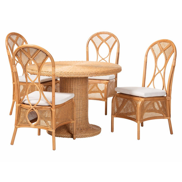 Baxton Studio bali Wallis 5-Piece Handwoven Natural Rattan Dining Set with Cushioned Chairs for Coastal Elegance Wallis-Light Honey Rattan-5PC Dining Set