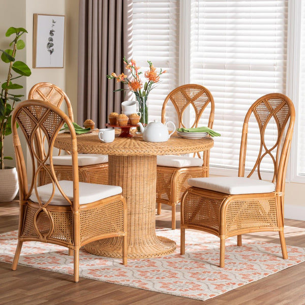 Baxton Studio bali Wallis 5-Piece Handwoven Natural Rattan Dining Set with Cushioned Chairs for Coastal Elegance Wallis-Light Honey Rattan-5PC Dining Set