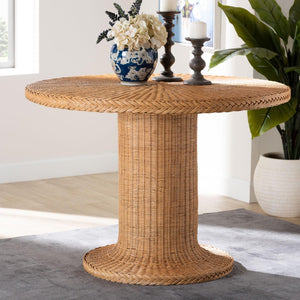 Baxton Studio bali Farrow Bohemian Braided Rattan Dining Table - Handcrafted Light Honey Finish, Pedestal Base Braided-Light Honey Rattan-DT