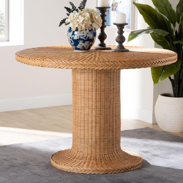Baxton Studio bali Farrow Bohemian Braided Rattan Dining Table - Handcrafted Light Honey Finish, Pedestal Base Braided-Light Honey Rattan-DT