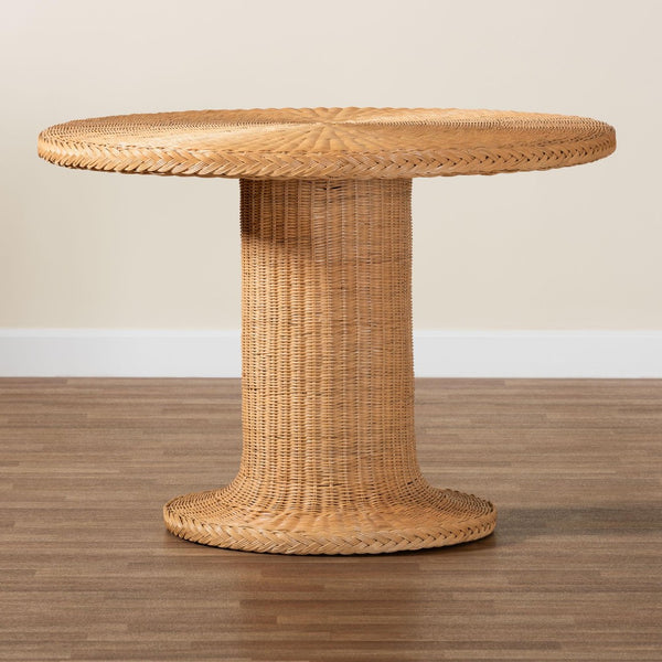 Baxton Studio bali Farrow Bohemian Braided Rattan Dining Table - Handcrafted Light Honey Finish, Pedestal Base Braided-Light Honey Rattan-DT