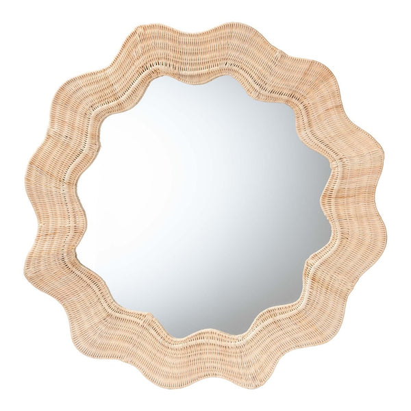 Baxton Studio bali Coastal Scalloped Natural Rattan Round Accent Wall Mirror - Handcrafted, Versatile Home Decor WS115-Natural Rattan Frame-Mirror