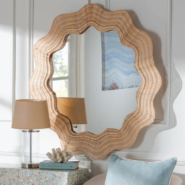 Baxton Studio bali Coastal Scalloped Natural Rattan Round Accent Wall Mirror - Handcrafted, Versatile Home Decor WS115-Natural Rattan Frame-Mirror