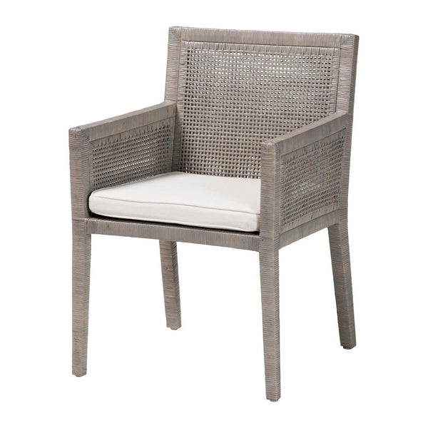 Baxton Studio bali Karis Rattan Dining Chair - Handwoven Wicker Armchair with Mahogany Frame & Removable Cushion Karis-French Grey-DC