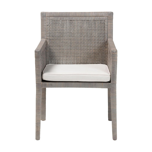 Baxton Studio bali Karis Rattan Dining Chair - Handwoven Wicker Armchair with Mahogany Frame & Removable Cushion Karis-French Grey-DC