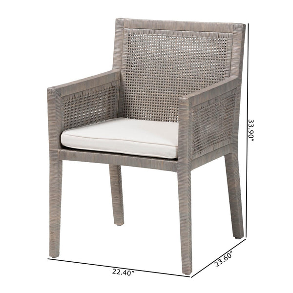 Baxton Studio bali Karis Rattan Dining Chair - Handwoven Wicker Armchair with Mahogany Frame & Removable Cushion Karis-French Grey-DC
